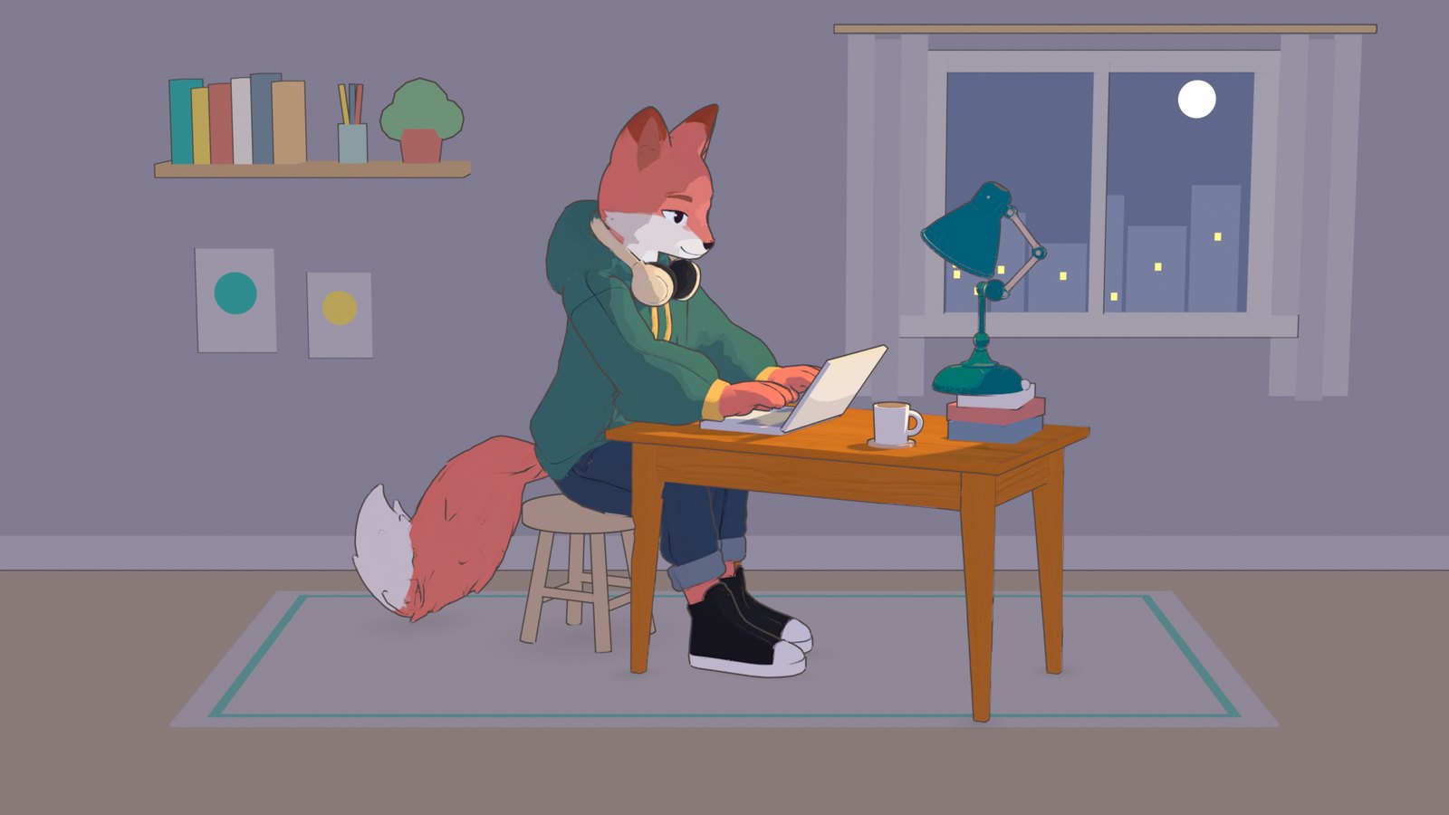 Auli, el zorro de Aprenza, estudiando de noche en su escritorio con el flexo encendido.